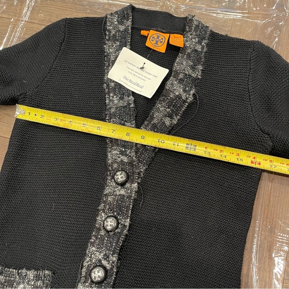 Tory Burch Black Cardigan Sweater with V-neck and Floral Trim - Picture 10 of 14